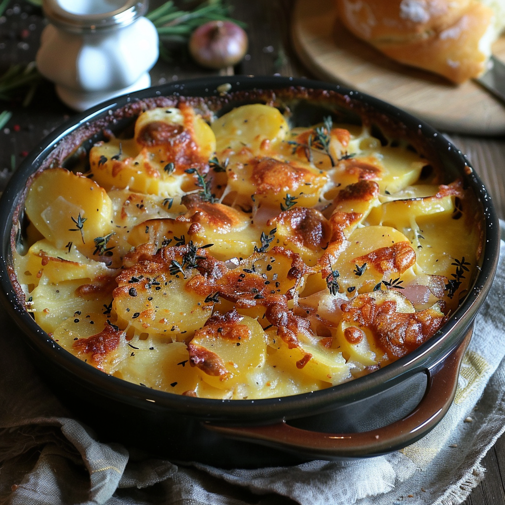 Pommes de Terre à la Boulangère servies dans un plat gratiné