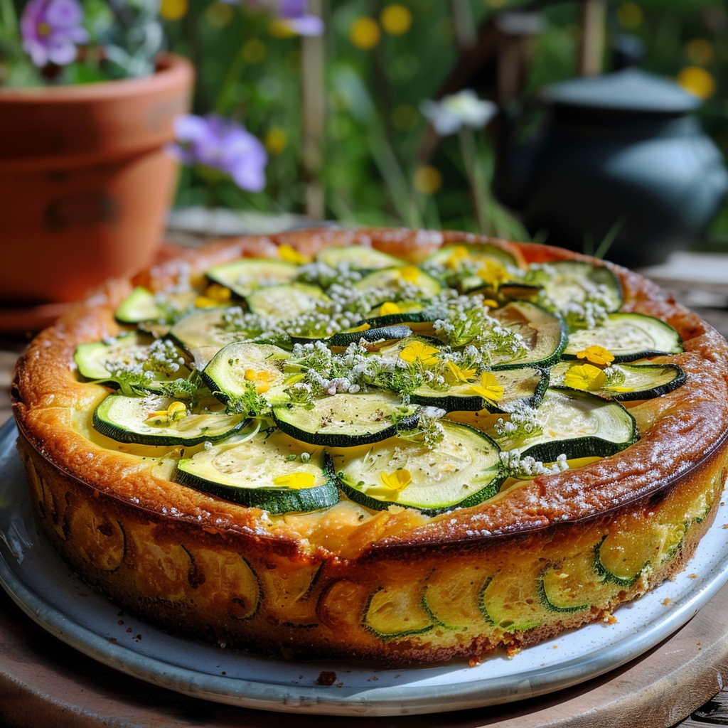 Tranches de cake aux courgettes et chèvre frais sur une assiette blanche