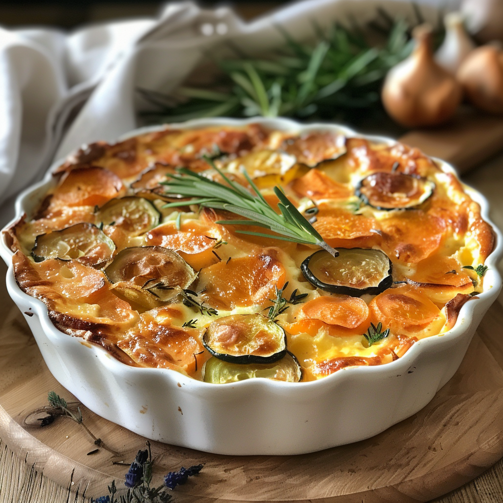 Clafoutis aux légumes doré et appétissant, garni de tomates, courgettes et fromage fondu, servi dans un plat à gratin blanc.