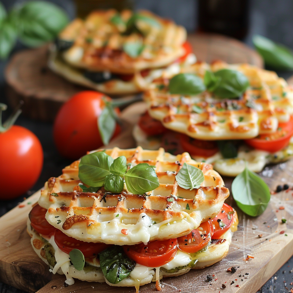 Gaufres de légumes au fromage mozzarella dorées et croustillantes, servies avec une salade verte.