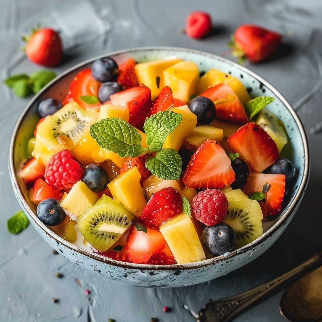 Salade de fruits d'été fraîche et colorée avec fraises, melons, pêches et menthe