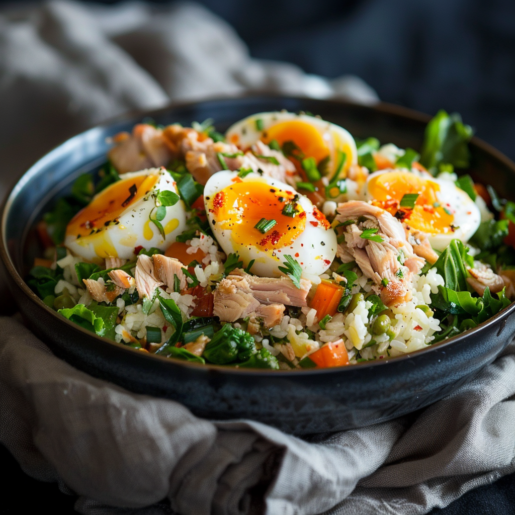 Un bol de salade de riz au thon et aux œufs durs, avec des tomates cerises et des olives, parfaitement présenté pour un repas d'été.