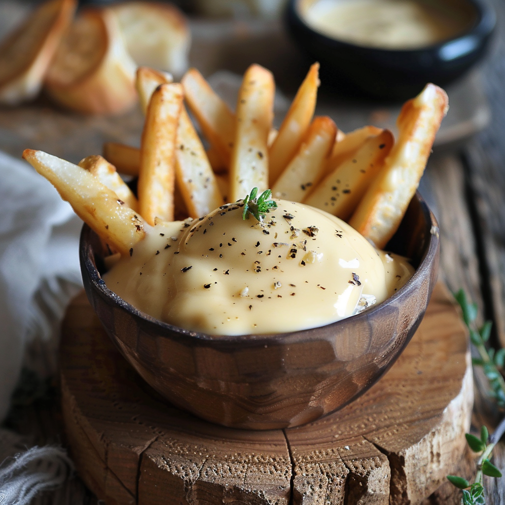 Un bol de sauce au fromage crémeuse pour frites, accompagnée de frites dorées et croustillantes.