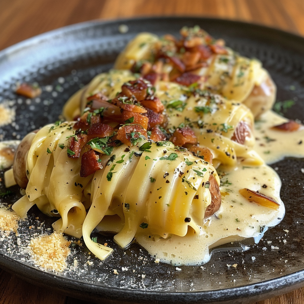 Roulé de pommes de terre à la carbonara doré et croustillant, servi sur une assiette blanche