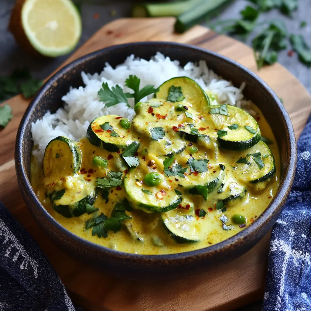 Plat de courgettes au lait de coco et curry, prêt à servir