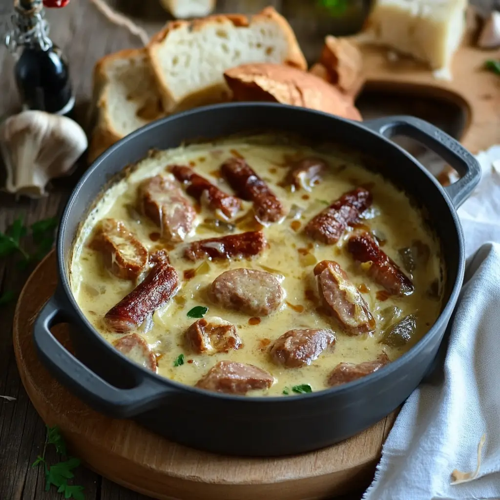 Fondue d’endives crémeuse avec des rondelles de saucisses fumées dans un plat à gratin doré