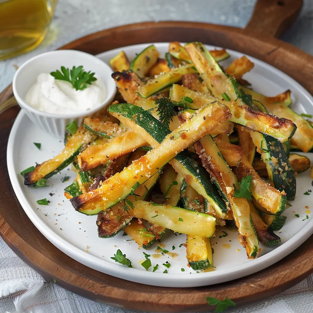 Frites de courgettes croustillantes cuites au four servies sur une plaque.