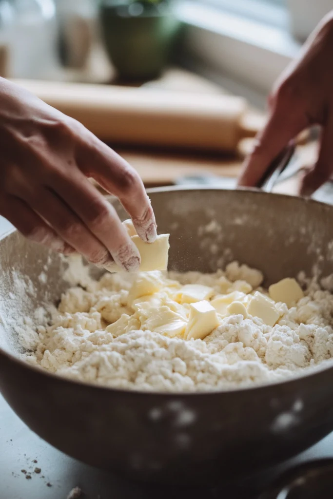 Gros plan sur des mains qui travaillent le beurre dans la farine pour créer la texture sableuse de la pâte brisée, avec un rouleau à pâtisserie et d'autres outils de cuisson en arrière-plan