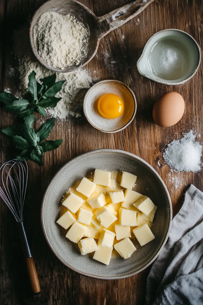 Disposition à plat des ingrédients nécessaires à la pâte brisée, comprenant de la farine, du beurre froid en cubes, un petit pichet d'eau froide, un jaune d'œuf, et une pincée de sel, avec des cuillères à mesurer et un fouet à proximité.