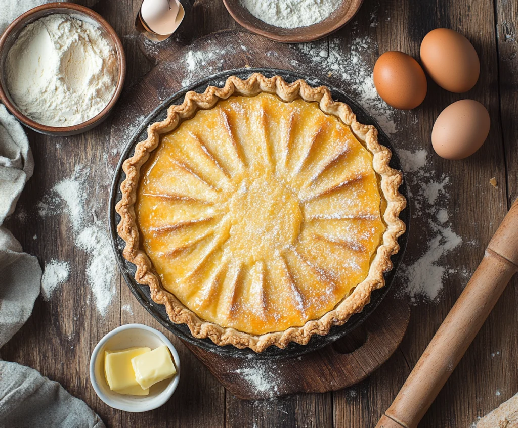 Vue de dessus d'une tarte fraîchement cuite avec une croûte de pâte brisée dorée et feuilletée, entourée d'ingrédients frais et d'ustensiles de cuisine sur une table en bois rustique.