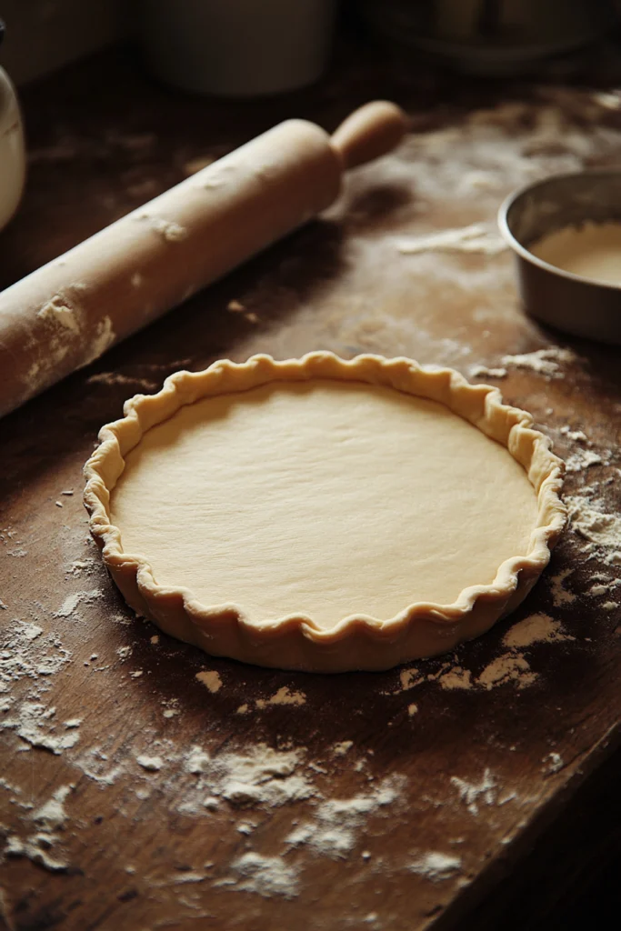 Image d'une pâte brisée lisse et uniformément étalée sur une surface légèrement farinée, avec un rouleau à pâtisserie posé à côté, prête à être transférée dans un moule à tarte.