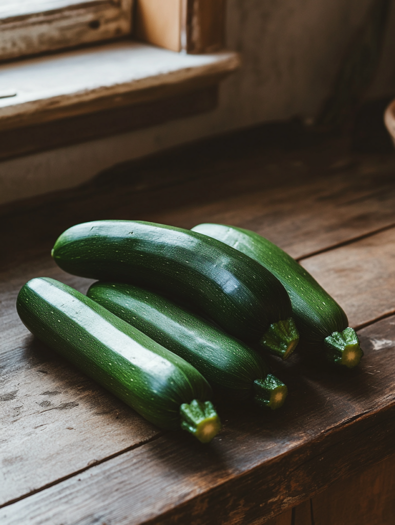 Courgettes fraîches sur un comptoir de cuisine rustique, prêtes à être préparées.