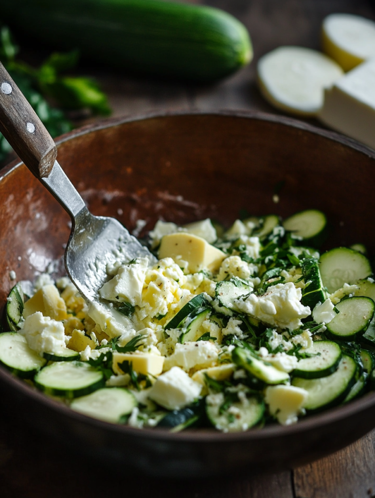 "Ingrédients pour les Nuages de Courgettes mélangés dans un bol."