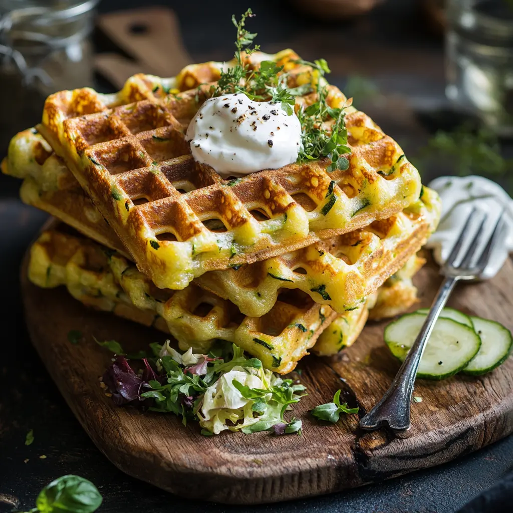 Gaufres à la courgette prêtes à être dégustées, servies avec de la crème et des herbes fraîches.