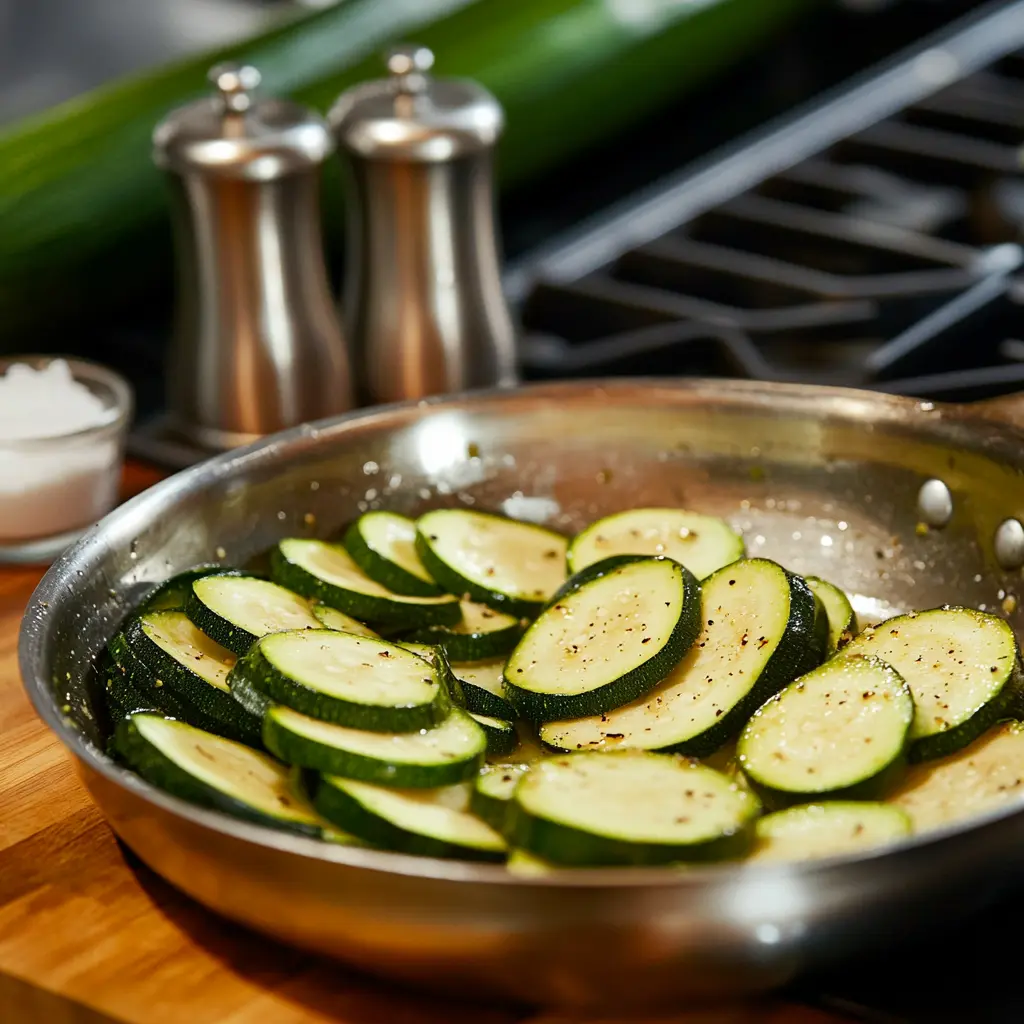 Trancher des courgettes en fines rondelles et les faire revenir à la poêle avec de l'ail et de l'huile d'olive.