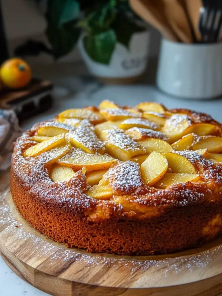 Délicieux gâteau aux pommes fait maison avec des tranches de pommes dorées sur le dessus