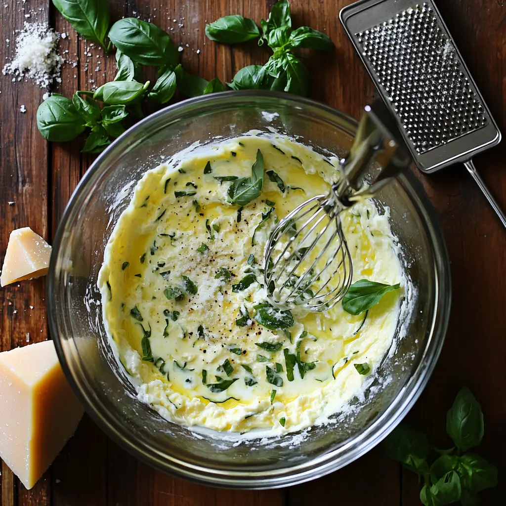 Mélange d'œufs, crème, fromage et basilic pour la terrine de courgettes.