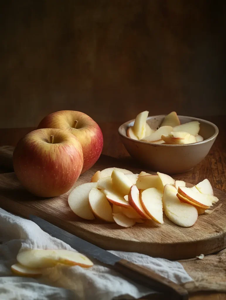 Épluchage et découpe des pommes en fines lamelles pour le gâteau aux pommes.