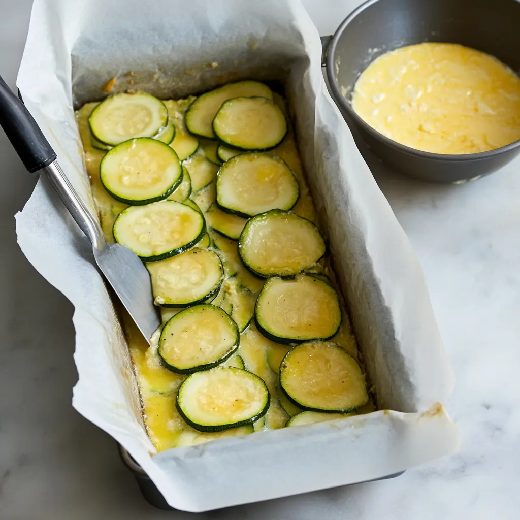 Disposition des couches de courgettes et de mélange d'œufs dans un moule à cake chemisé.