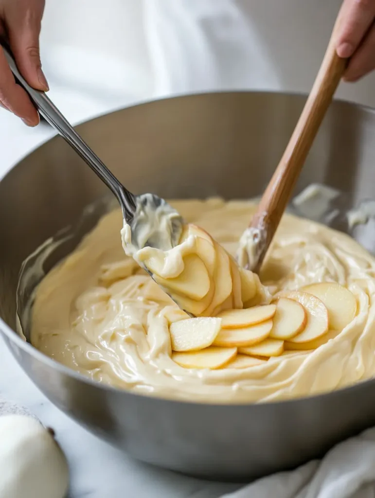 Incorporation des lamelles de pommes à la pâte pour le gâteau aux pommes.