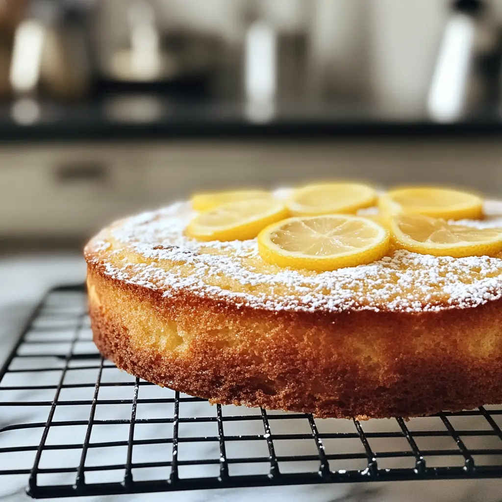 Moelleux au citron sans farine de Cyril Lignac présenté sur une assiette blanche, décoré avec des tranches de citron et saupoudré de sucre glace.