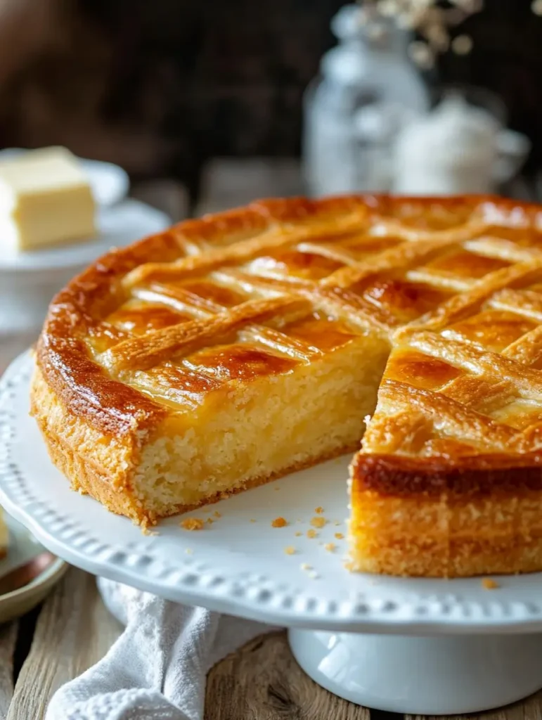 Gâteau breton classique doré avec une texture sablée, posé sur une planche en bois rustique.