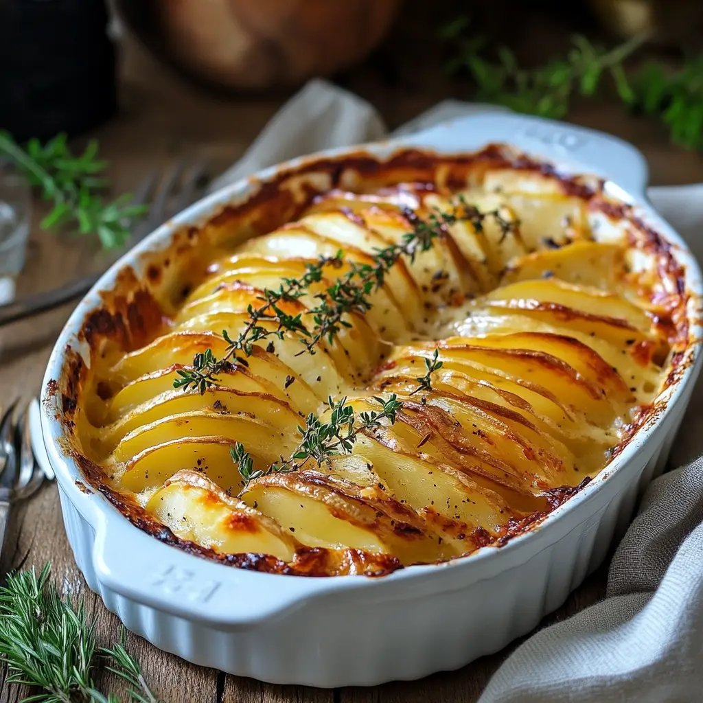 Tian de Pommes de Terre Provençal cuit dans un plat en terre cuite, mettant en valeur des couches colorées de pommes de terre, tomates et courgettes.