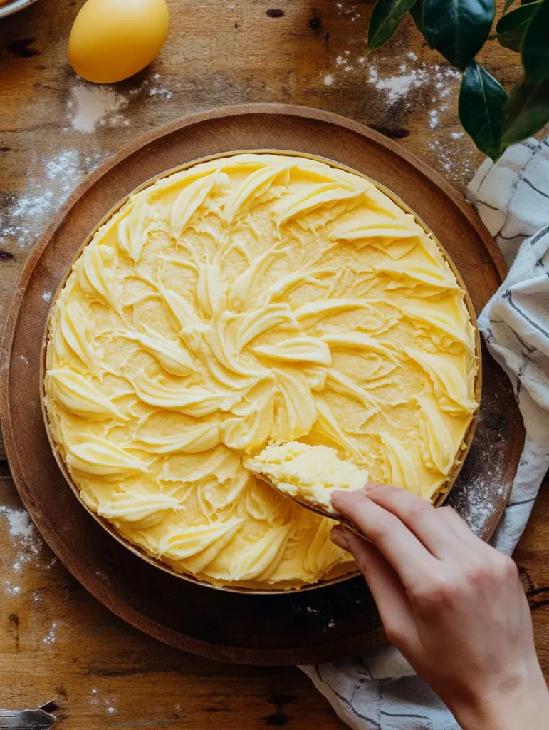  Pâte étalée uniformément dans un moule rond beurré, avec un motif quadrillé réalisé à la fourchette sur la surface, et une main appliquant un jaune d'œuf battu pour la dorure.
