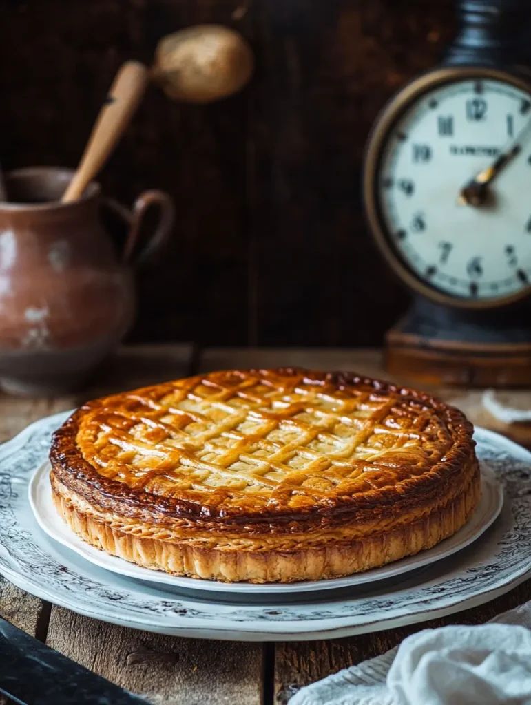 Gâteau breton doré présenté sur un plat de service blanc, avec une surface quadrillée et une tranche découpée révélant une texture dense et fondante à l'intérieur.