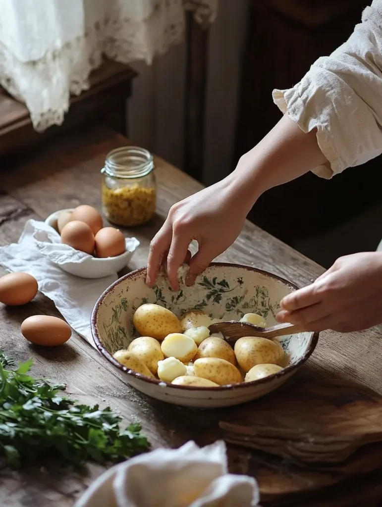 Une femme épluche des pommes de terre bouillies pour préparer une salade maison avec des lardons croustillants et des œufs durs