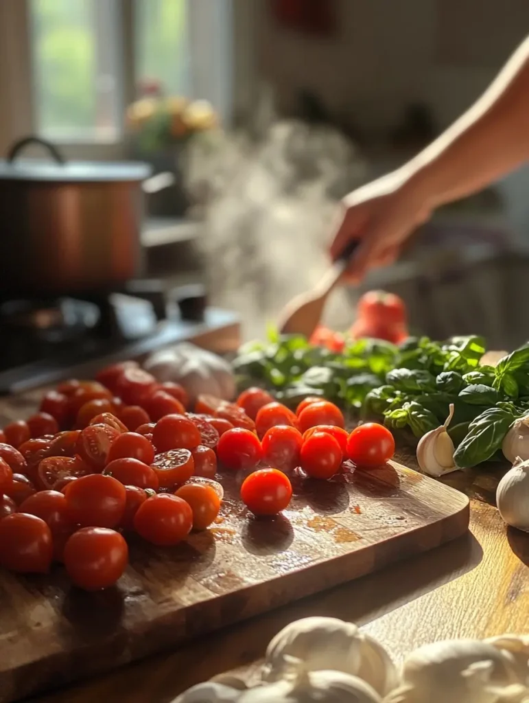 Femme coupant des tomates fraîches dans une cuisine ensoleillée, avec des herbes et de l'ail sur le comptoir pour préparer une sauce tomate maison.