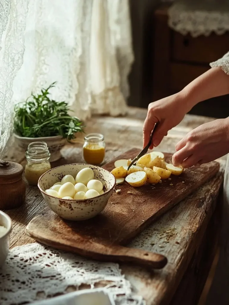 Une femme tranche des pommes de terre bouillies sur une planche de bois, avec des lardons et des œufs durs prêts à être ajoutés