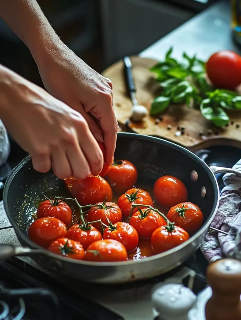 Gros plan des mains d'une femme pressant des tomates juteuses au-dessus d'une marmite pour préparer une sauce tomate maison, avec de l'ail et des oignons qui mijotent en arrière-plan