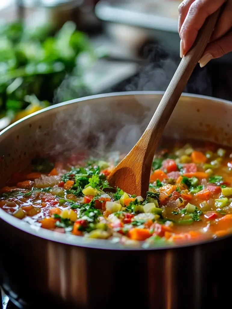 Une femme remue une soupe de légumes mijotant dans une grande casserole, les légumes colorés flottant dans un bouillon parfumé, avec de la vapeur s'élevant de la casserole