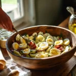 Une femme mélange une grande salade de pommes de terre avec des lardons, des œufs durs et des herbes fraîches dans une cuisine chaleureuse.