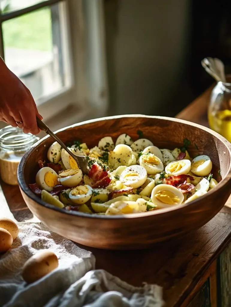 Une femme mélange une grande salade de pommes de terre avec des lardons, des œufs durs et des herbes fraîches dans une cuisine chaleureuse.