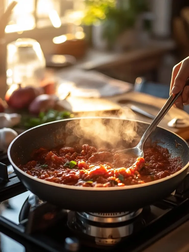 Femme remuant une sauce tomate maison épaisse et riche dans une marmite, avec des herbes fraîches et des ustensiles de cuisine sur le comptoir