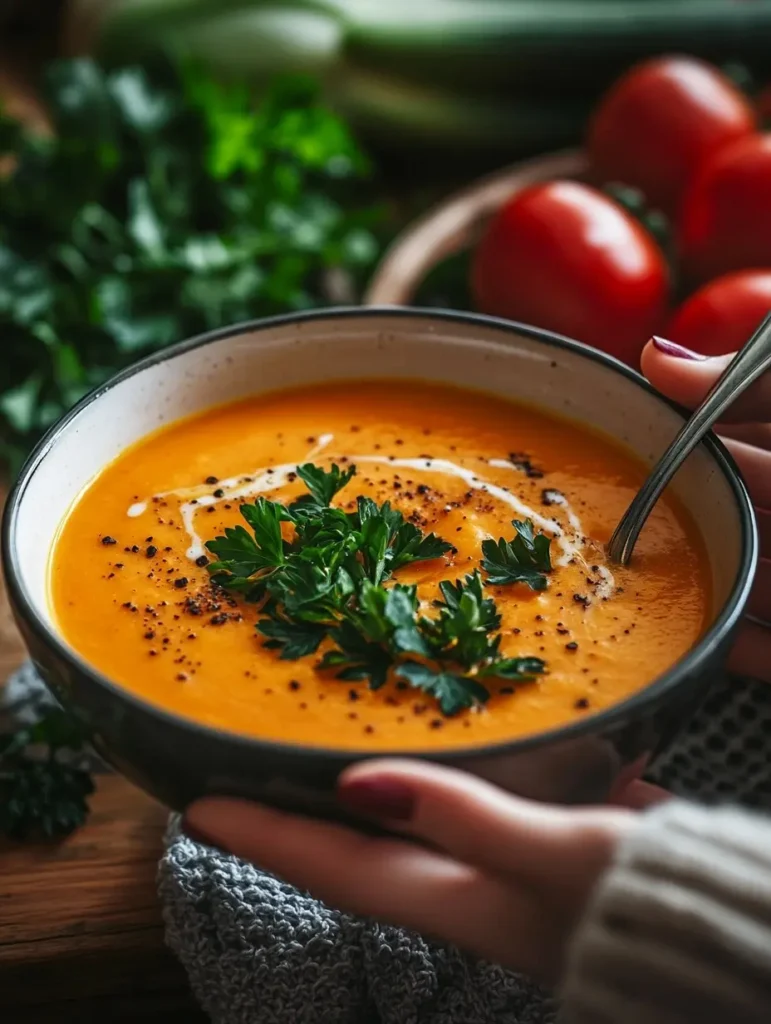 Un bol de soupe légère brûle-graisse servi avec du persil frais et du poivre noir, posé sur une table en bois rustique, avec des légumes en arrière-plan