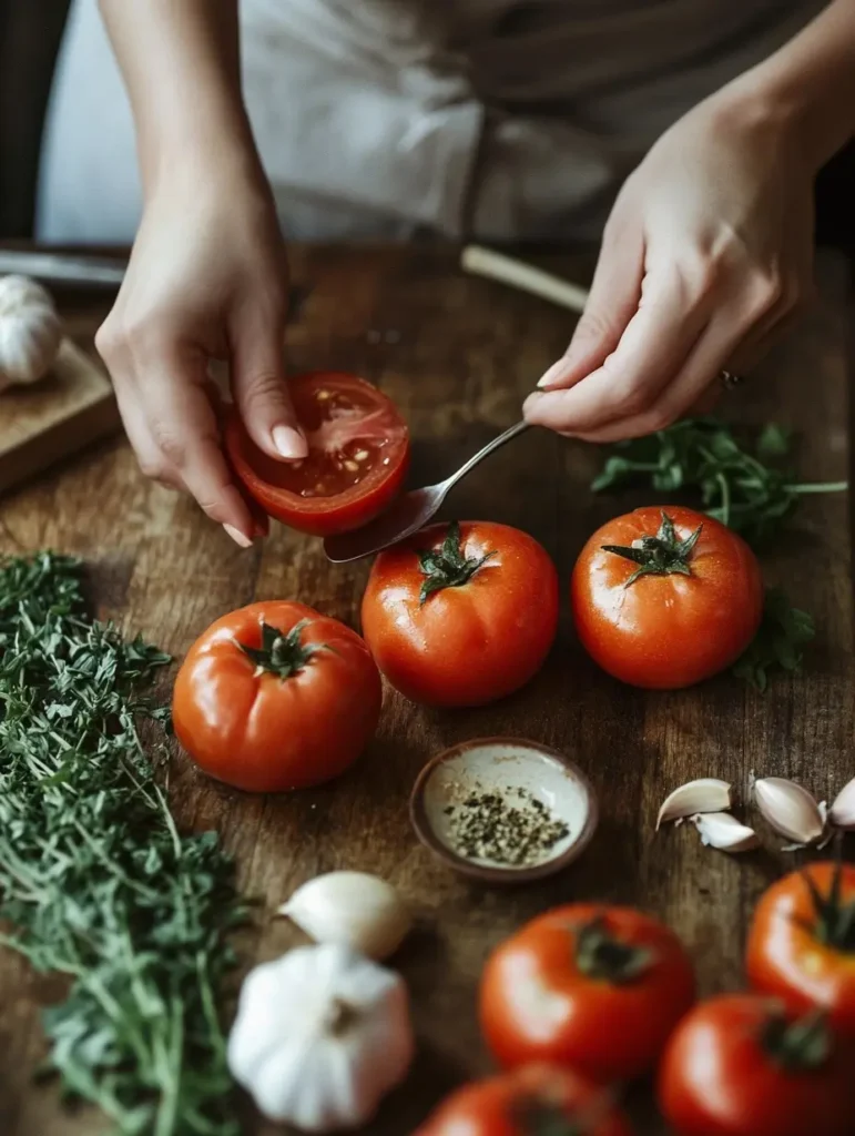 A woman carefully hollowing out fresh tomatoes in a kitchen, surrounded by herbs and ingredients on a rustic countertop