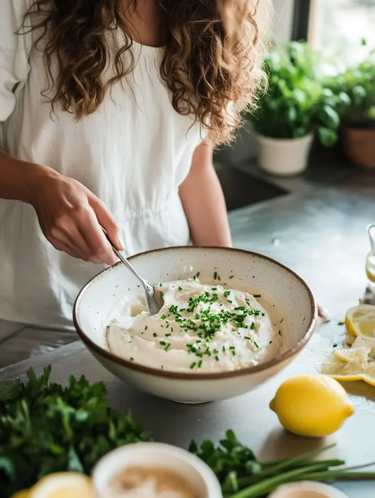 A woman mixing a creamy tuna mousse in a bowl, surrounded by fresh ingredients like lemon zest and chives in an elegant kitchen setting.