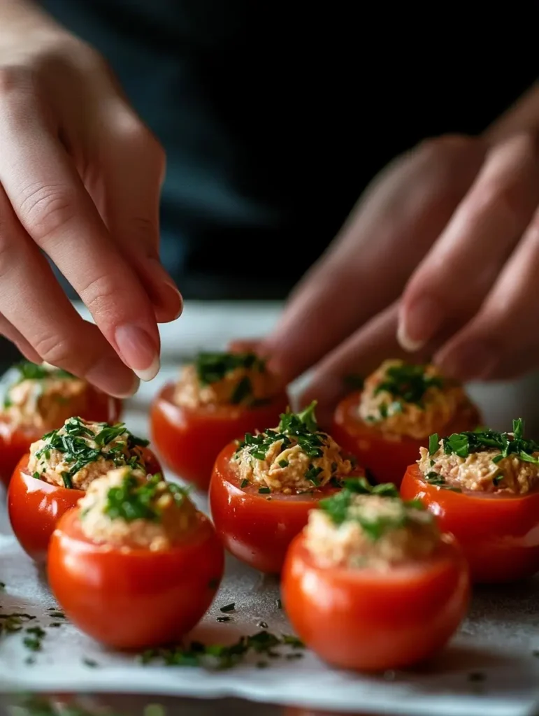 A woman's hands carefully stuffing tomatoes with tuna mousse, garnished with fresh herbs, in a gourmet kitchen