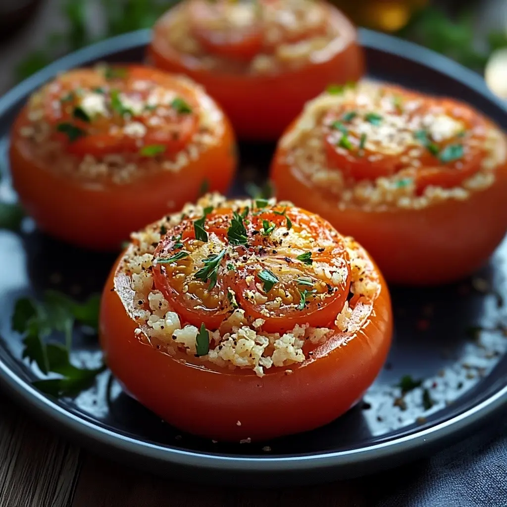 Tomates farcies à la mousse de thon, servies avec une salade fraîche.