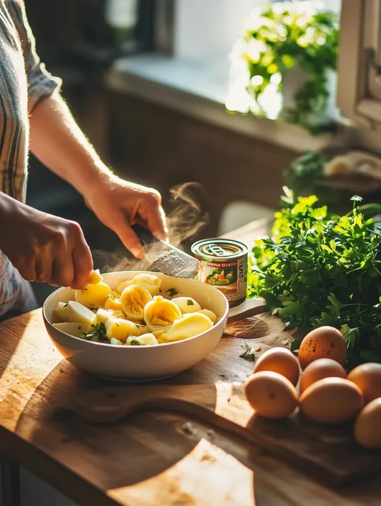 Une femme mélange des pommes de terre bouillies, du thon et des œufs durs dans un grand saladier, en ajoutant du persil frais et des condiments