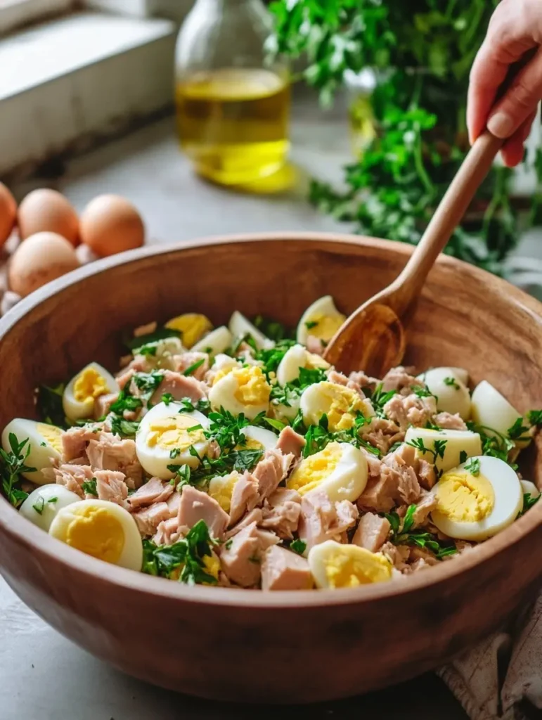 La première étape consiste à éplucher les pommes de terre cuites, refroidir les œufs durs et préparer le thon pour la salade