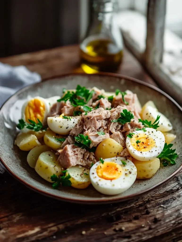 Salade de pommes de terre avec thon, œufs frais et assaisonnement