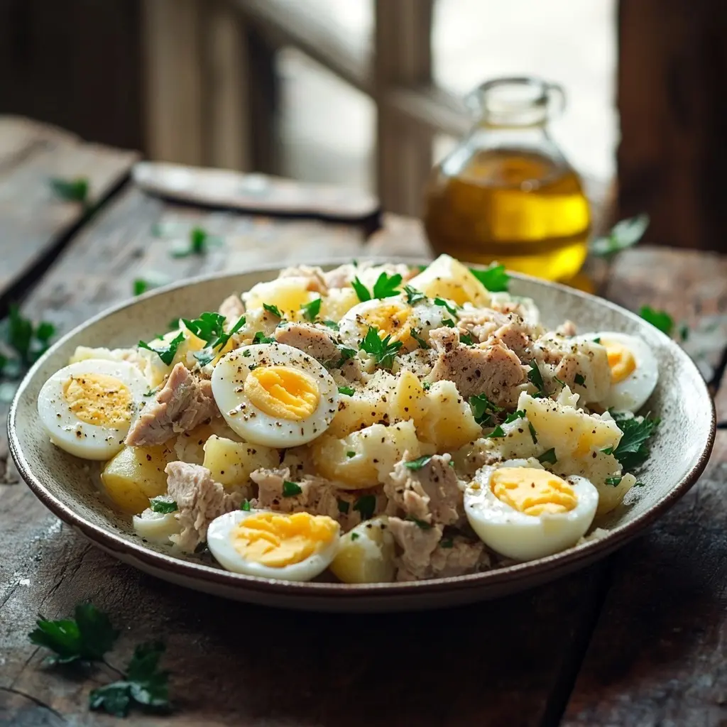 Une assiette de salade de pommes de terre avec du thon et des œufs durs, garnie de persil frais, servie sur une table en bois rustique