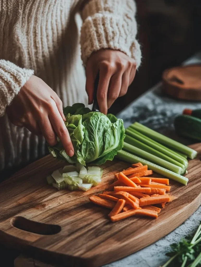 Une femme coupe des légumes frais pour la soupe, incluant chou vert, carottes et céleri, sur une planche à découper en bois dans une cuisine chaleureuse