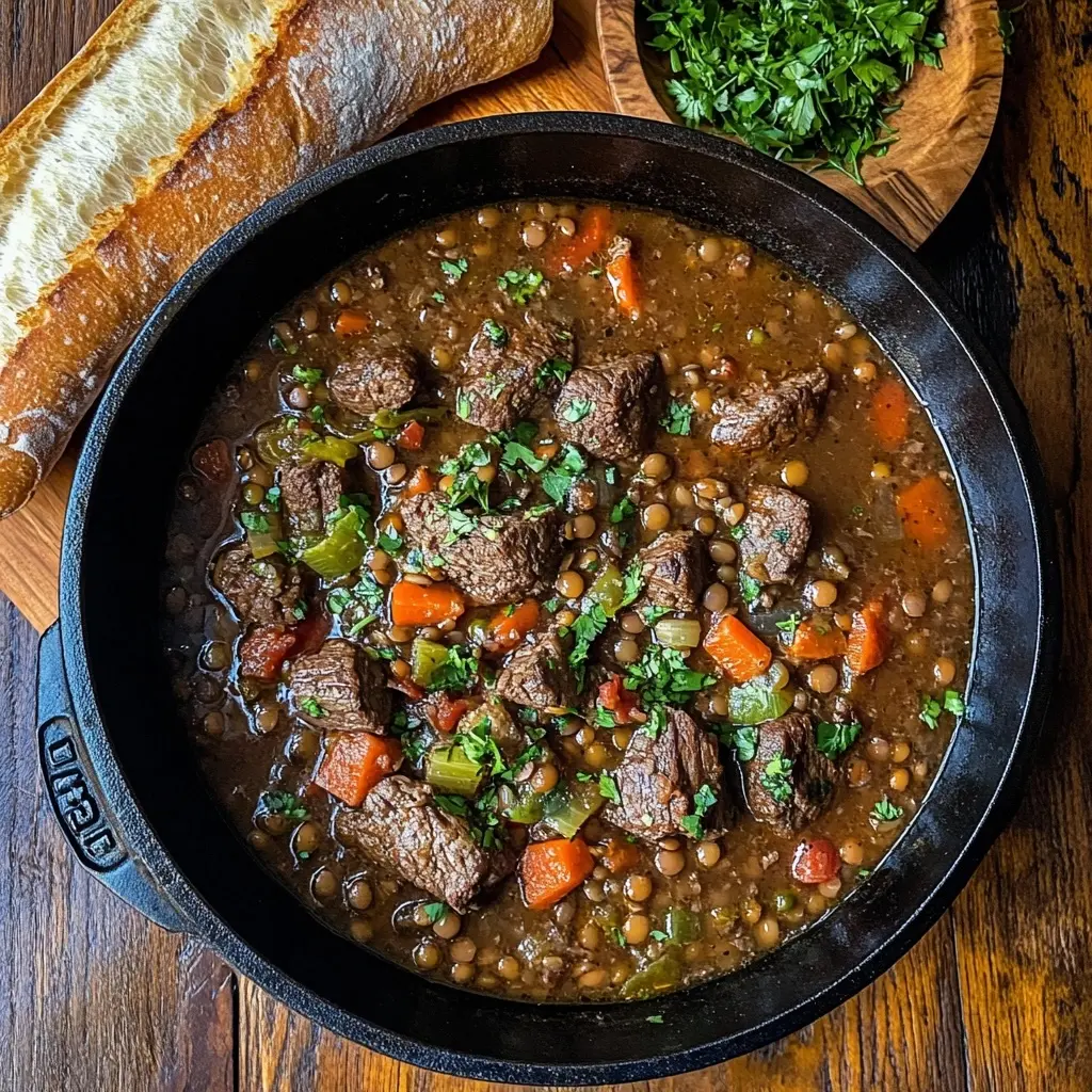 Ragoût de bœuf et lentilles servi dans une cocotte en fonte sur une table en bois, garni de persil.