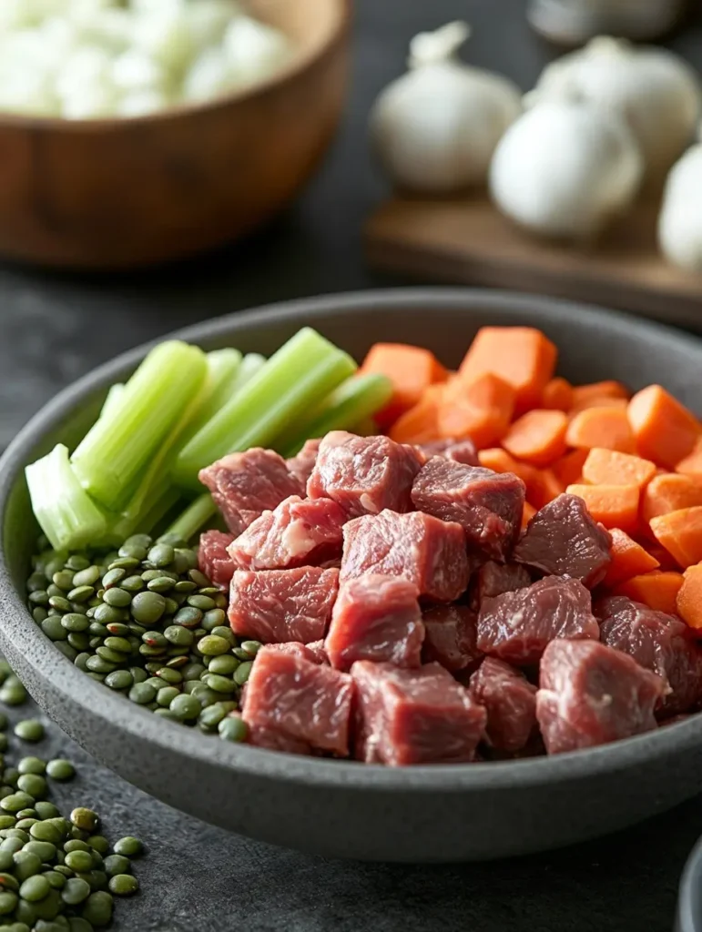 Chopped beef, diced vegetables, and green lentils on a rustic kitchen counter, ready for ragoût de bœuf preparation