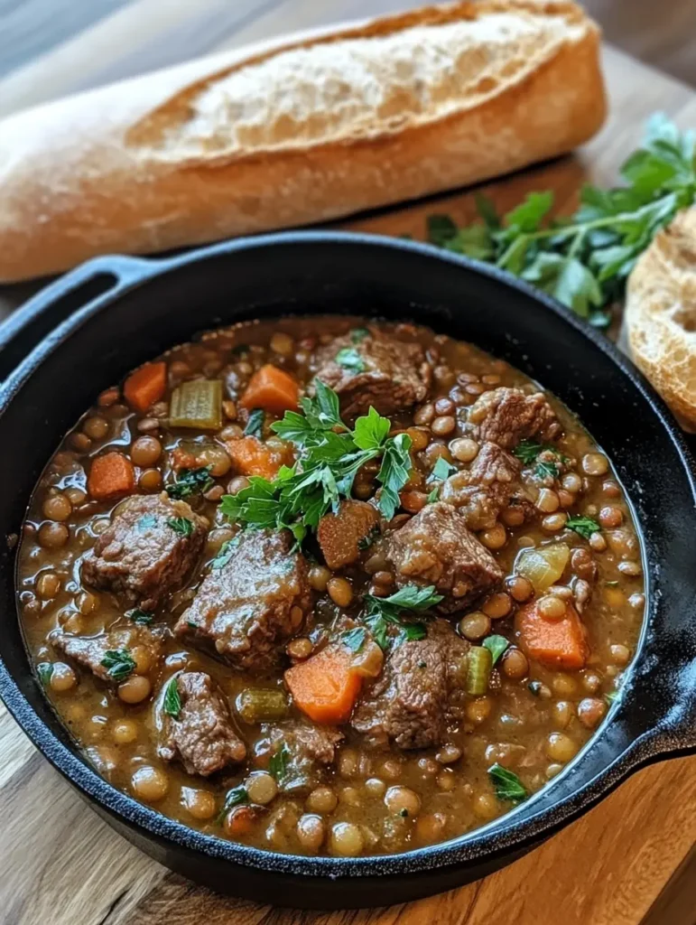 Finished ragoût de bœuf et lentilles in a cast-iron pot on a wooden table, garnished with parsley and served with bread